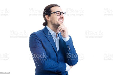 Cheerful Businessman Smiling Keeps Hand Under Chin Isolated On White