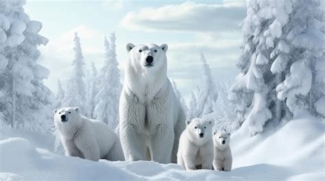 Una familia de osos polares en la nieve con árboles al fondo Foto Premium