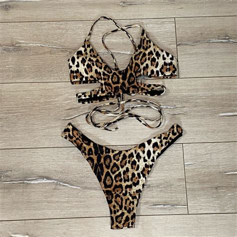 Zaful Swim Strappy Cut Out Cheetah Bikini Poshmark