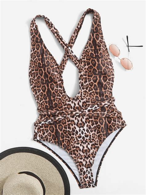 Leopard Criss Cross Plunging One Piece Swimsuit Shein Usa