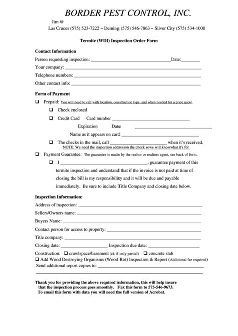 Fillable Termite Wdi Inspection Order Form Printable Pdf Download