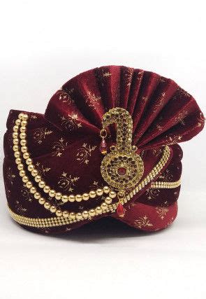 Foil Printed Velvet Turban In Maroon And Beige Mgm