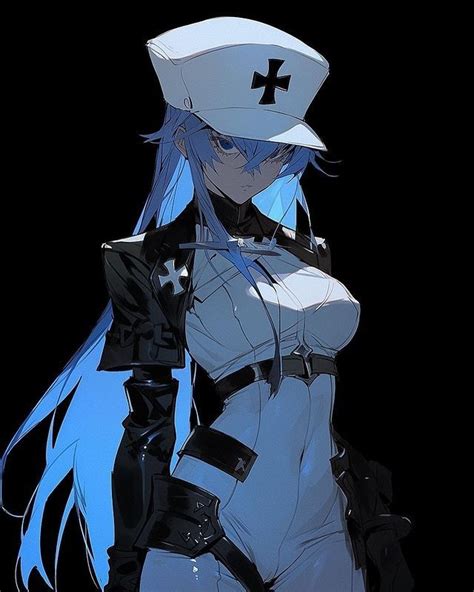 An Anime Girl With Blue Hair Wearing A White Hat And Black Outfit