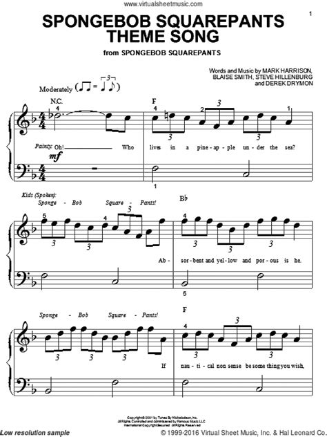 Harrison Spongebob Squarepants Theme Song Sheet Music For Piano Solo