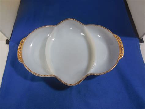 Fire King Anchor Hocking Part Serving Dish Milk Glass Gold Trim