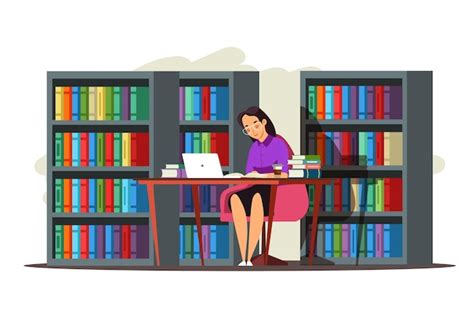 Premium Vector Girl Sitting And Studying At School Library Student