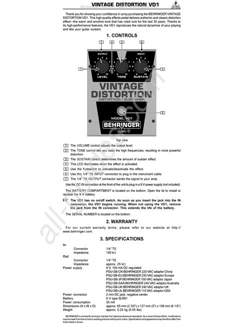 Behringer Vintage Distortion Vd1 Quick Start Manual Pdf Download