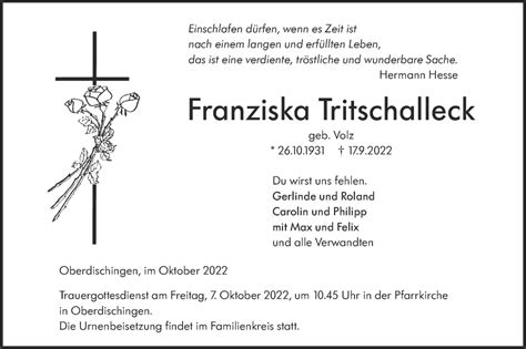 Traueranzeigen von Franziska Tritschalleck Südwest Presse Trauer