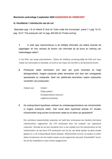 Werkcollege H1 2 Biochemie Werkcollege 2 September 2020 NAGEKEKEN EN