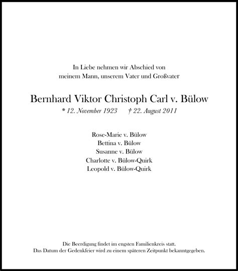 Traueranzeigen von Bernhard Viktor Christoph Carl Loriot von Bülow