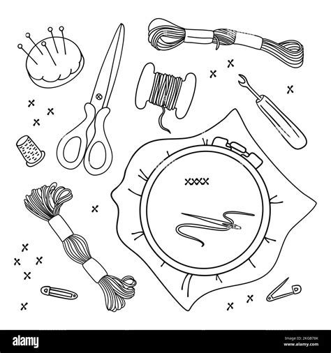 Herramientas De Bordado Monocromo Costura Suministros Cartoon Vector