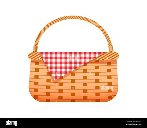 Empty Wicker Picnic Basket With Checkered Cloth Napkin Hand Woven