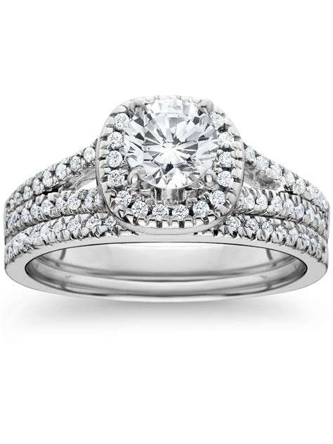 Pompeii3 1ct Halo Diamond Engagement Ring Set Split Shank Bridal Wedding 14k White Gold