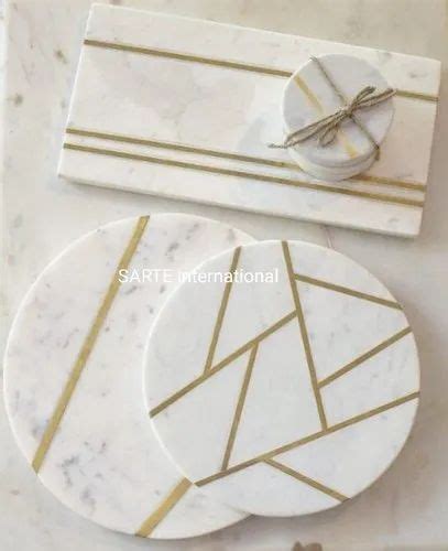 Hand Made White Marble Coasters With Brass Inlay For Coaster Set At Rs