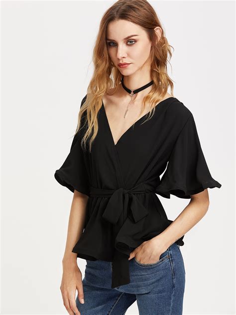 Flutter Sleeve Belted Surplice Wrap Top Shein Sheinside