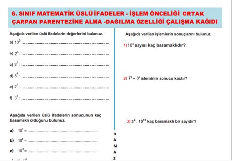 6 SINIF MATEMATİK ÜSLÜ İFADELER İŞLEM ÖNCELİĞİ ORTAK ÇARPAN