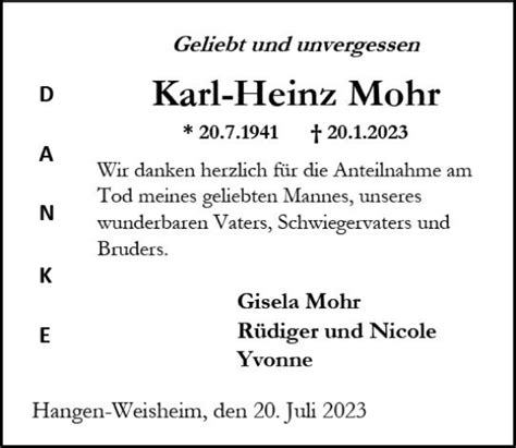 Traueranzeigen Von Karl Heinz Mohr Vrm Trauer De