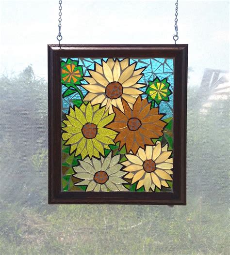 Mosaic Sunflower Stained Glass Panel For Window Yellow Floral Etsy