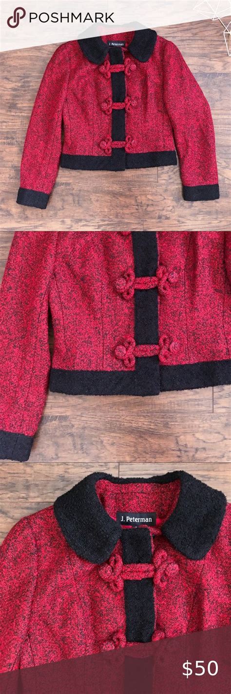 J Peterman Red Boucle Wool Jacket Cropped Frog Black Trim Asian