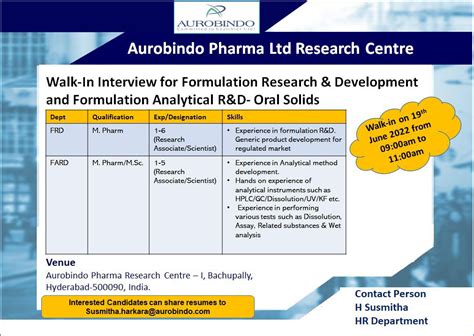 Aurobindo Pharma Ltd Walk In Interview For M Pharma Msc