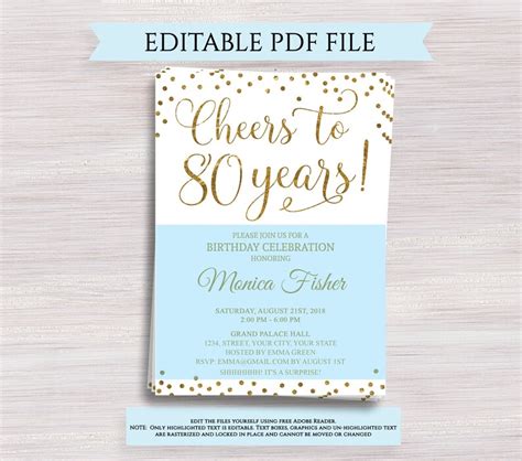 Editable 80th Birthday Party Invitation Template Cheers To 80 Etsy