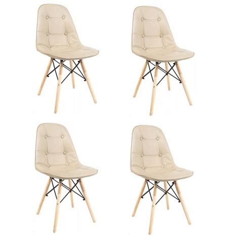 Kit Cadeiras Charles Eames Boton Eiffel Wood Estofada Couro Bege