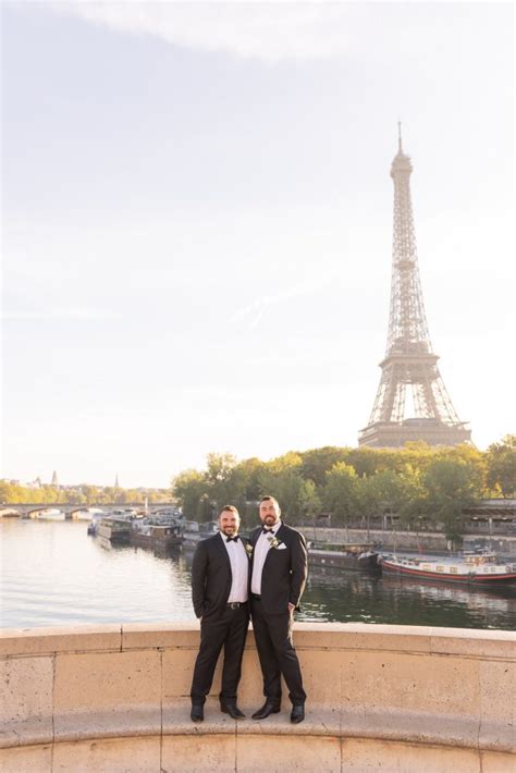 Gay Elopement At Sunrise On The Banks Of The Seine River With The View On The Eiffel Tower