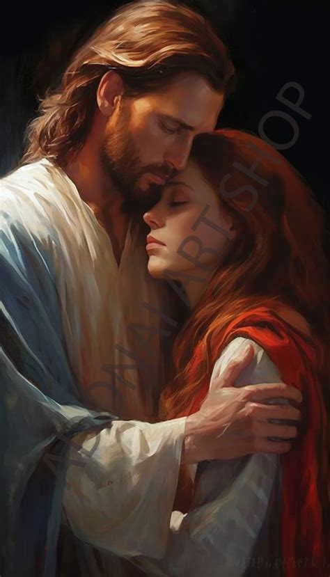 Jesus Christ Holding Hugging Red Haired Women Oil Painting Png Printable Christian Art