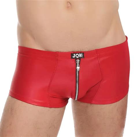 Faux Leather Men Boxer Sexy Gay Underwear Sexy Zipper Open Crotch