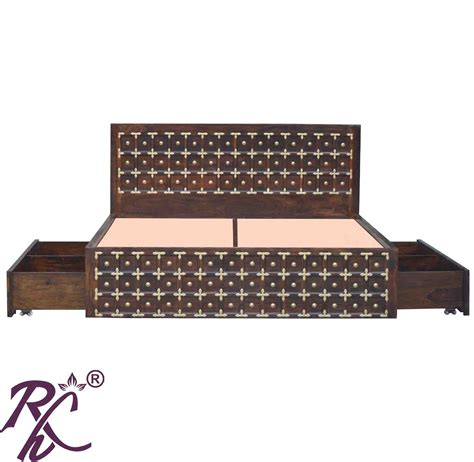 Solid Wood Brass L T Design King Size Bed With Storage Side Full Drawe Raj Handicraft