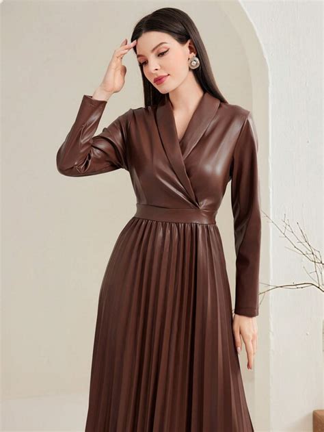 Shein Modely Solid Color Shawl Collar Long Sleeve Pleated Hem Dress