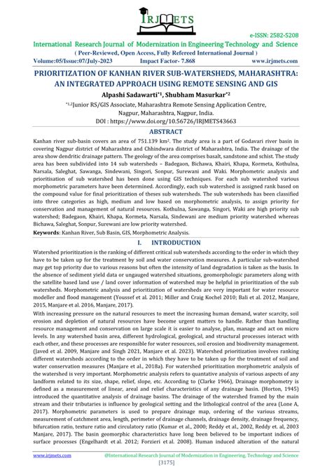 Pdf Prioritization Of Kanhan River Sub Watersheds Maharashtra An