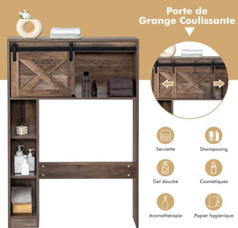 COSTWAY Meuble WC Au Dessus De Toilettes En Bois Avec Porte Coulissante