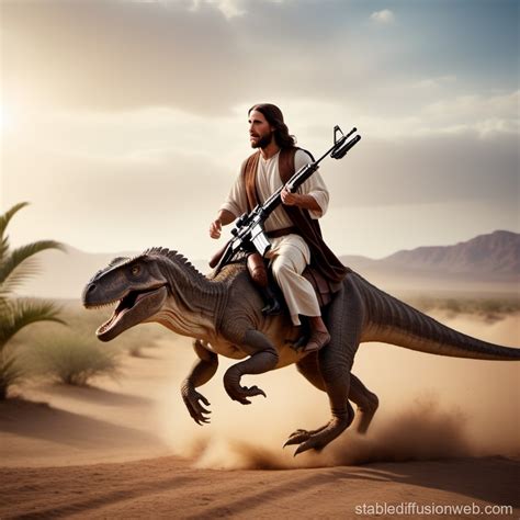 Jesus Christ Riding A Raptor Which Is A Kind Of Dinosaur Carrying An