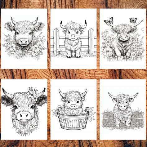 100 Cute Baby Highland Cows Coloring Page Book, Adults Kids, Cow ...