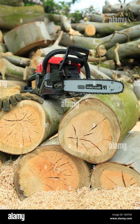 Chain Saw And Wood Stock Photo Alamy
