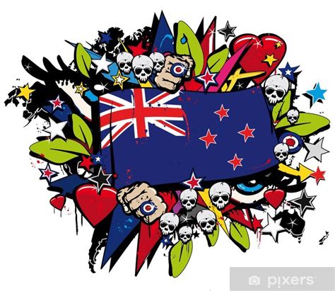 Poster New Zealand flag maori street art graffiti illustration - PIXERS.US