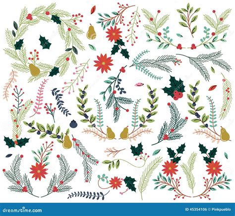 Vector Collection Of Vintage Style Hand Drawn Christmas Holiday Florals