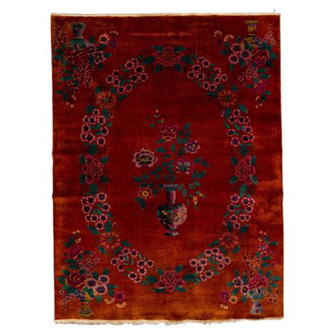 Vintage Chinese Art Deco Rug Red And Gold Floral Pattern By Rug And