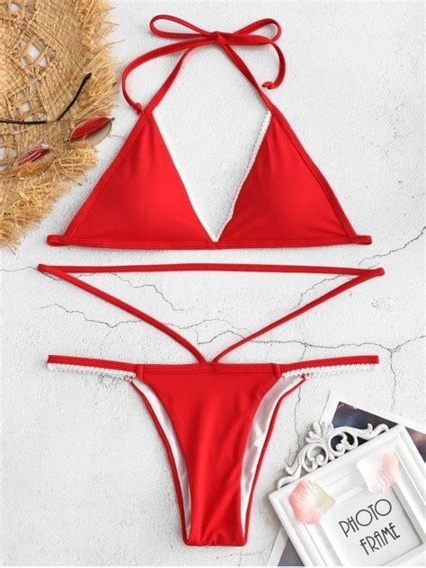 Halter Lace Trim String Bikini Fire Engine Red L Bikini String Micro