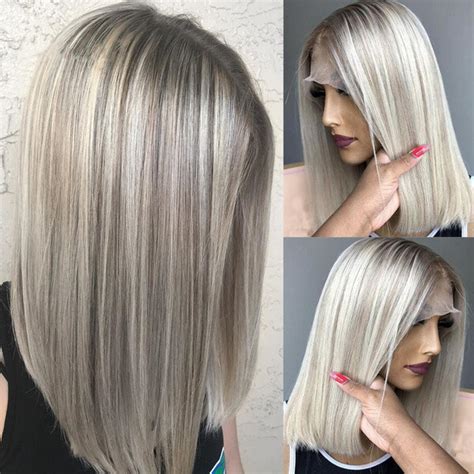 Ash Blonde Short Bob Straight Cut Highlight T Part Lace Front Synthetic Wig Wear EBay