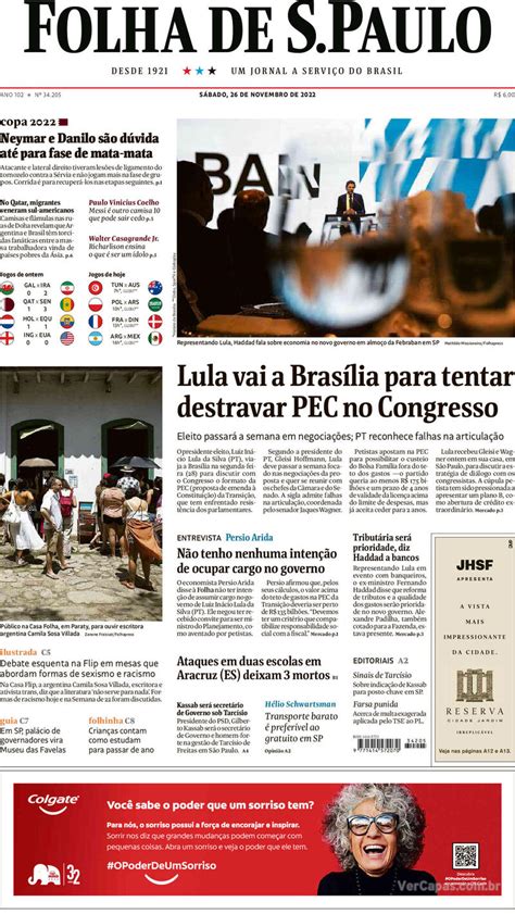 Capa Folha de S Paulo Edição Sábado 26 de Novembro de 2022