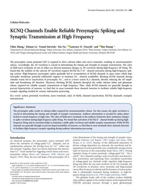 PDF KCNQ Channels Enable Reliable Presynaptic Spiking And Synaptic