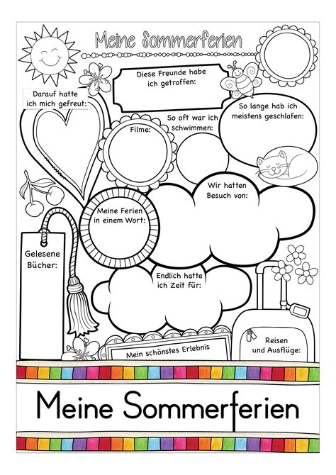 A Coloring Page With The Words Meine Sommeferien In German And English