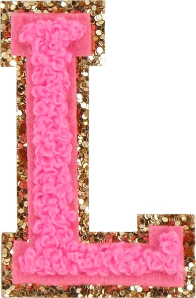 the letter l is made up of pink and gold sequins with flowers on it