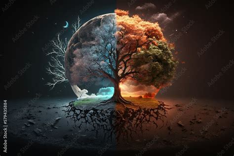 Illustrazione Stock Global Warming Concept With Tree Half Living And