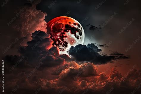 Blood Moon Red Moon Real Full Blood Moon In Black Sky With Cloud AI