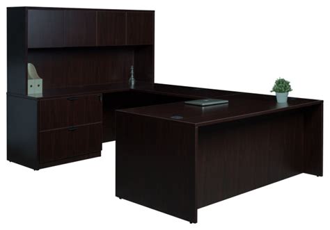 U Shape Desk With Drawer Lateral File And Door Hutch Mocha