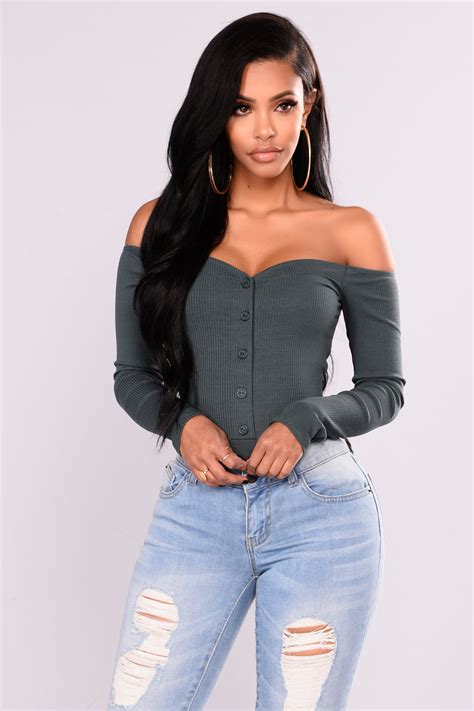 Fool In Love Off Shoulder Bodysuit Hunter Fashion Nova Bodysuits