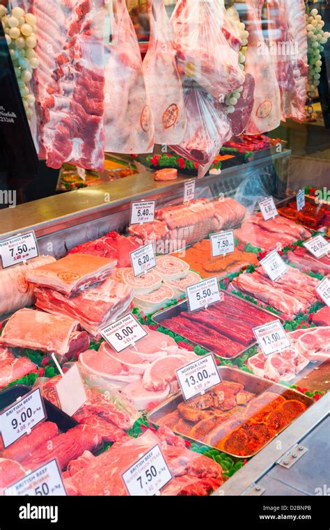 Traditional High Street Butchers Window Display England Stock Photo